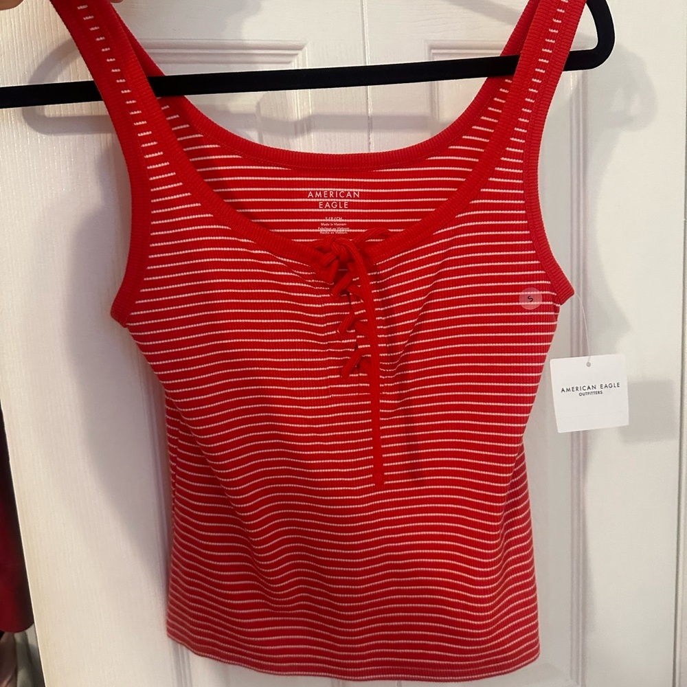 American Eagle Outfitters Red and White Striped Lace-Up Tank